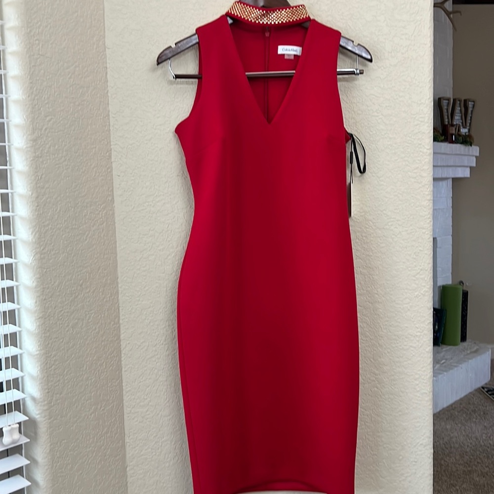 NWT !! Calvin Klein RED and Gold cocktail dress womens size 4